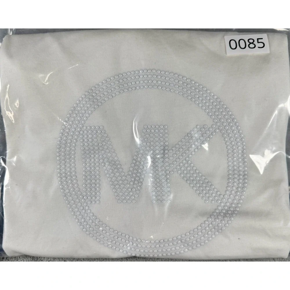 Michael‎ Kors Women's T-Shirt White MK Logo Rhinestones Short Sleeve L